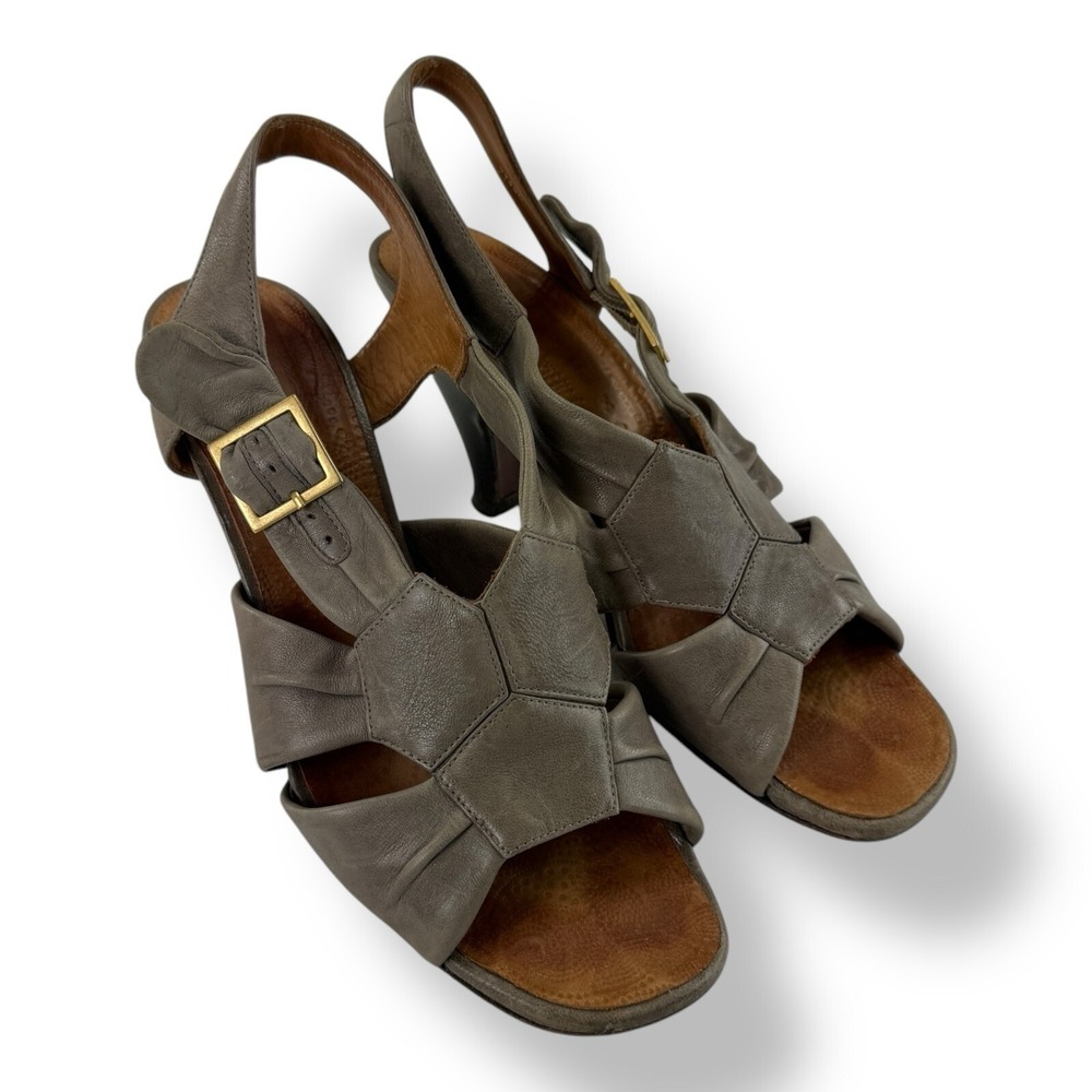 Chie Mihara Stone Brown Leather Peep Toe Cut Out Slingback‎ Heels Womens Size 39
